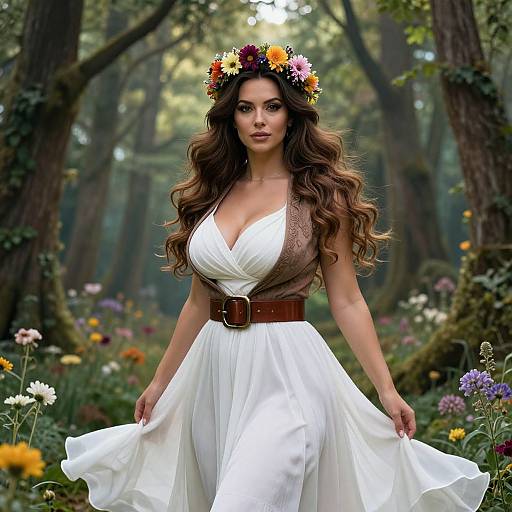 Photorealistic digital image of a woman with long wavy brown hair, wearing a white dress, brown vest, flower crown, and brown belt,