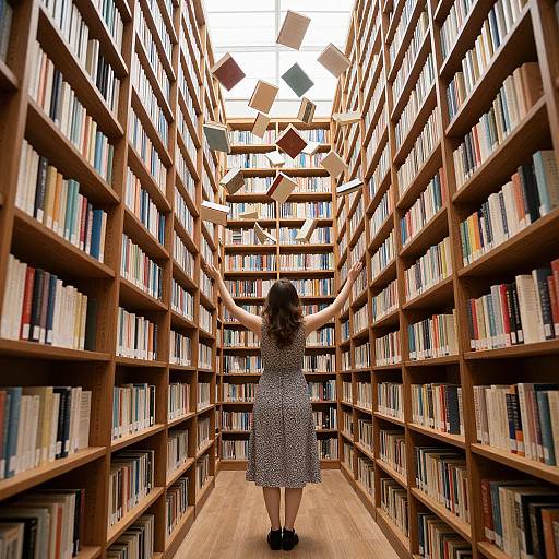Photograph of a woman with long brown hair, wearing a patterned dress, standing in the middle of a library aisle with wooden bookshelves on