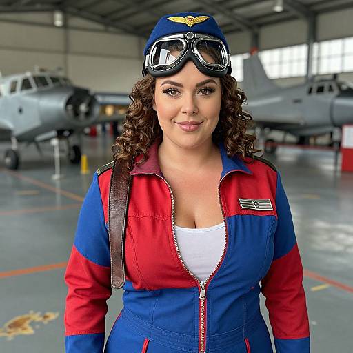 Photograph of a smiling, curly-haired woman in a blue and red flight suit with goggles, standing in a hangar with two small planes in the