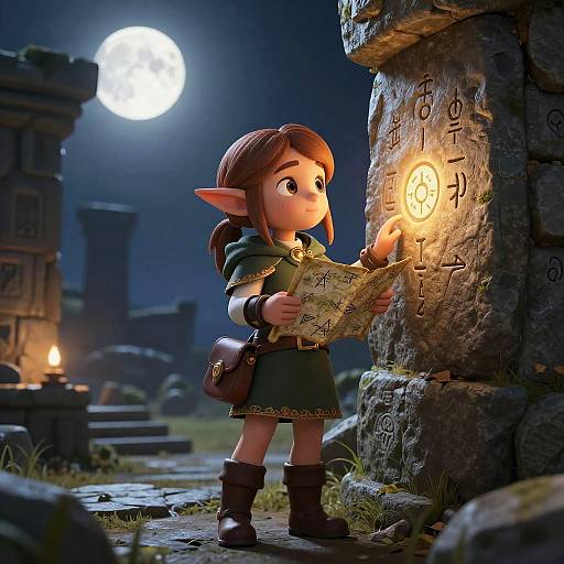CGI image of a cute, wide-eyed, brown-haired elf with pointed ears, wearing a green tunic, holding a map, lighting a stone