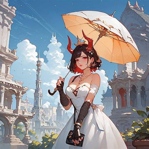 Horned Girl in Cityscape Art