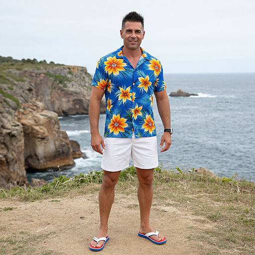 Fit Man on Coastal Cliff in Hawaiian Shirt