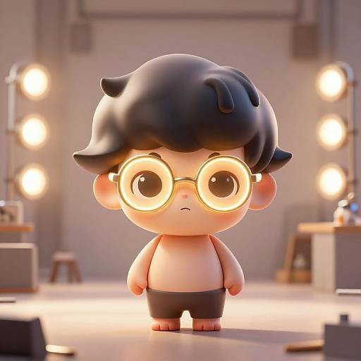 Chibi-style CGI image of a small, round-eyed boy with black hair, glasses, and black pants, standing in a brightly lit studio.