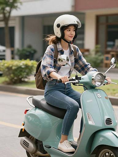 Woman Riding Teal Vintage Scooter in Urban Setting