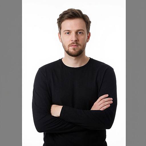 Photograph of a white man with short brown hair, beard, wearing a black long-sleeve shirt, arms crossed, standing against a white vertical