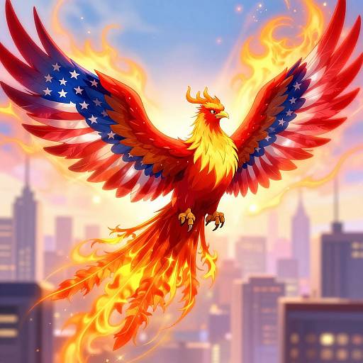 Digital illustration of a vibrant, fiery phoenix with American flag-patterned wings soaring above a blurred cityscape at sunset.