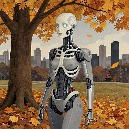 Photorealistic CGI of a silver humanoid robot with glowing blue eyes standing in an autumn park, surrounded by orange leaves and a city skyline in the background