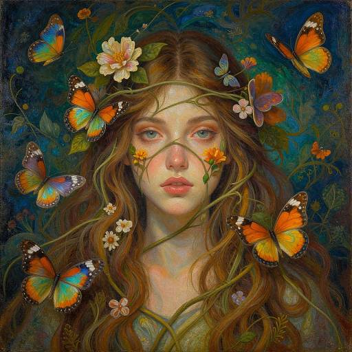 Digital painting of a fair-skinned woman with long brown hair, surrounded by vibrant orange butterflies and flowers, set against a dark blue background. Her expression