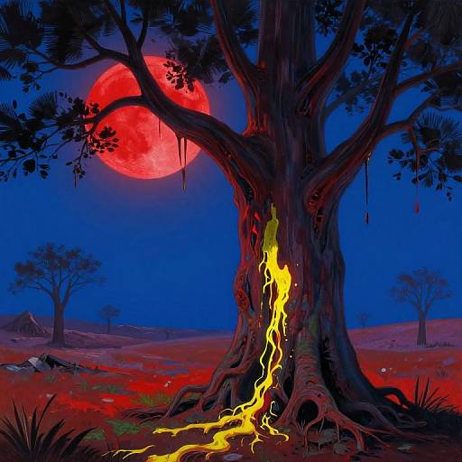 Digital art: A large tree with a glowing, yellow, lightning-like crack against a vivid red moon in a dark blue night sky, surrounded by barren