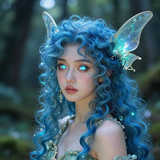 Blue Hair Curly Mythical Forest Nymph