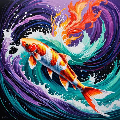 Vibrant Koi Fish in Swirling Neon Waves
