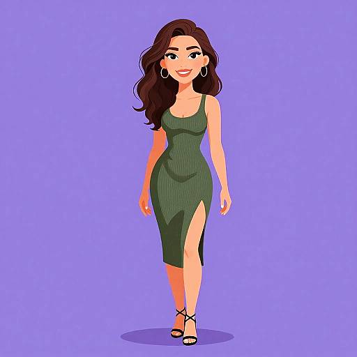 Digital illustration of a smiling woman with long brown hair, wearing a green, form-fitting dress with a high slit, black strappy heels, and