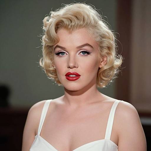 Photograph of a blonde, blue-eyed woman with curled hair, red lipstick, and a white, spaghetti-strap dress, looking directly at the camera