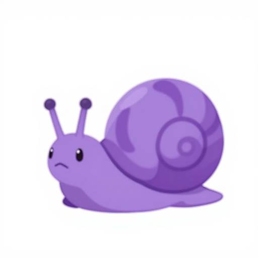 Cute digital cartoon snail with purple shell and body, small black eyes, and two antennae, set against a plain white background.