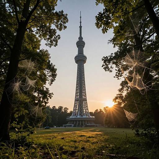 Photograph of Berlin TV Tower at sunset, framed by trees with spider webs, sunlight filtering through, creating a serene, natural contrast.