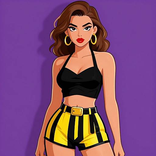 Digital illustration of a confident woman with wavy brown hair, red lipstick, black halter top, yellow and black striped shorts, gold hoop earrings,