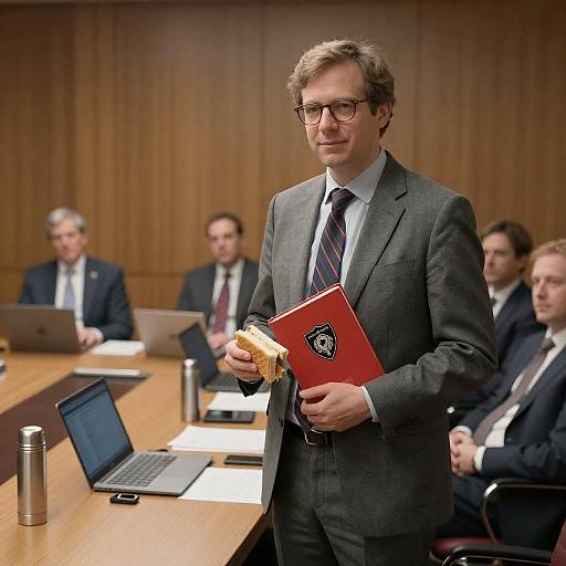 Man in Suit Holding Book and Sandwich
