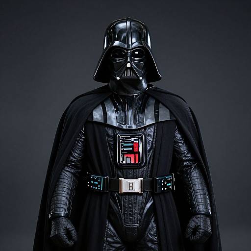 Photograph of Darth Vader in his iconic black armor, helmet, and cape, with a glowing red 