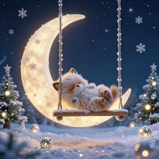 Adorable fluffy white and orange kittens sleeping on a glowing crescent moon swing, surrounded by snow, twinkling lights, and Christmas trees. Digital artwork