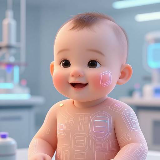 CGI image of a smiling baby with light skin, short brown hair, and glowing geometric patterns on the chest and arms, in a brightly lit,