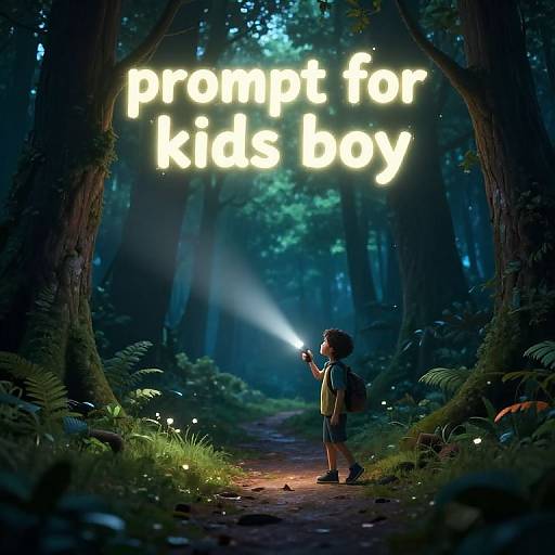Digital illustration: Young boy with flashlight stands on forest path, glowing 