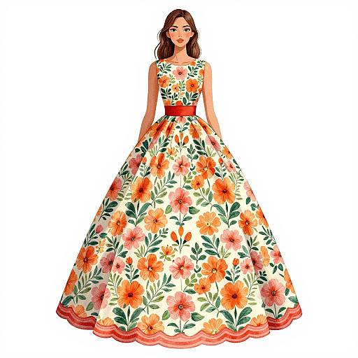 Photograph of a woman in a sleeveless, floral-patterned ball gown with orange flowers, green leaves, and red trim, standing against a white