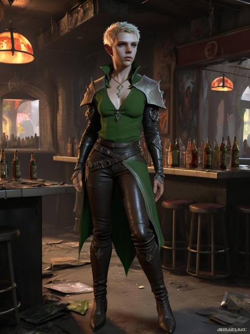 Fantasy warrior woman in medieval tavern