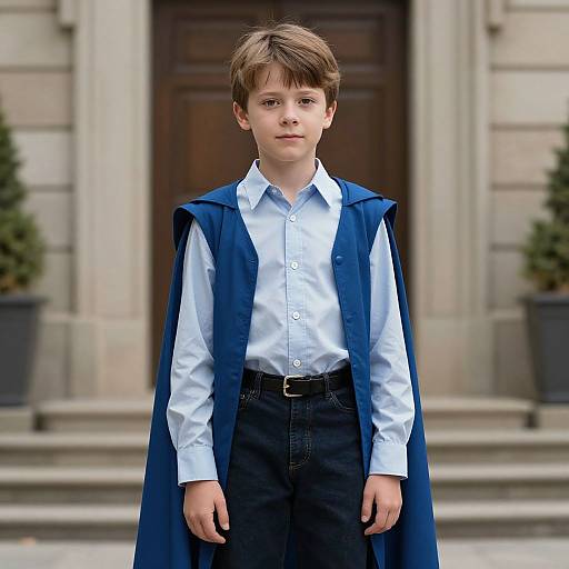 Photograph of a young boy with brown hair, wearing a white shirt, black pants, and a blue cape, standing in front of a grand building