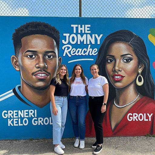 Photograph of three women standing in front of a vibrant mural featuring a large, realistic portrait of a Black man and woman with text 