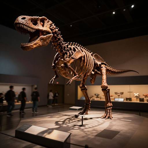 Photograph of a lit, detailed dinosaur skeleton exhibit in a museum, with shadowed background, visitors in silhouette, and display cases.