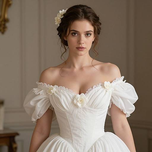 Photograph of a young woman with fair skin and dark brown hair in an updo, wearing a white off-shoulder, puffed-slee