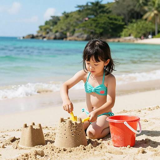 Playful Girl Building Sandcastle by Ocean