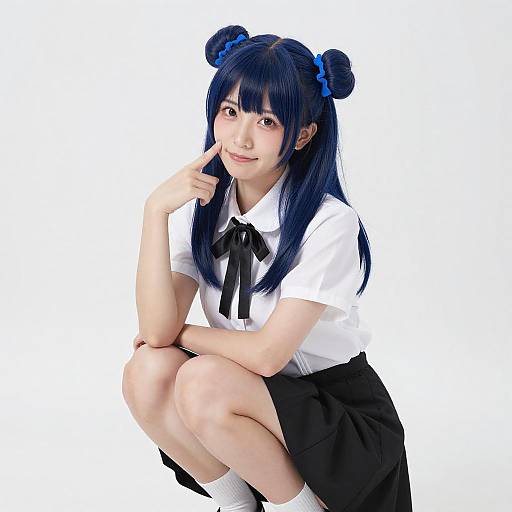 Playful Asian Woman with Blue Twin Buns