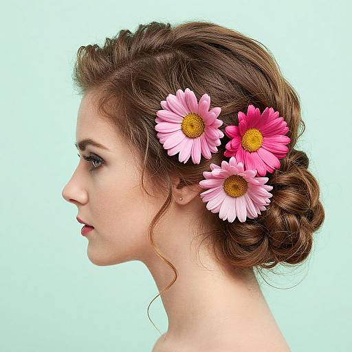 Photograph of a fair-skinned woman in profile, brown hair in a braided bun, adorned with three pink and white daisies.