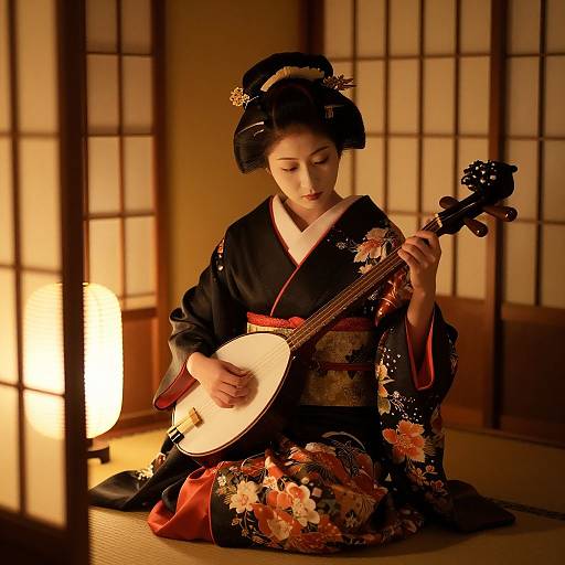 Intimate Geisha Scene with Shamisen