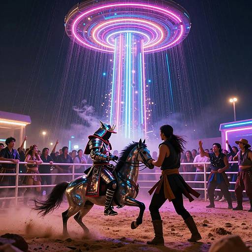 Neon Samurai Duel in Futuristic Rodeo
