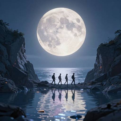 Silhouetted people walking on rocky path under a massive, bright full moon reflecting in a calm, dark blue ocean. Digital art.