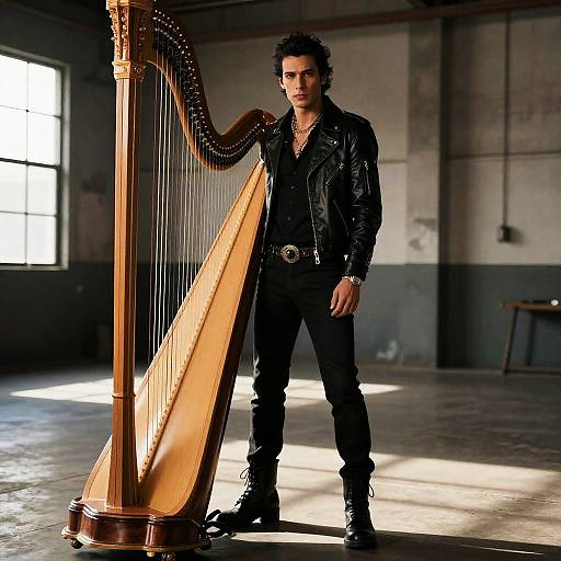 Man in Leather Jacket with Harp in Industrial Warehouse