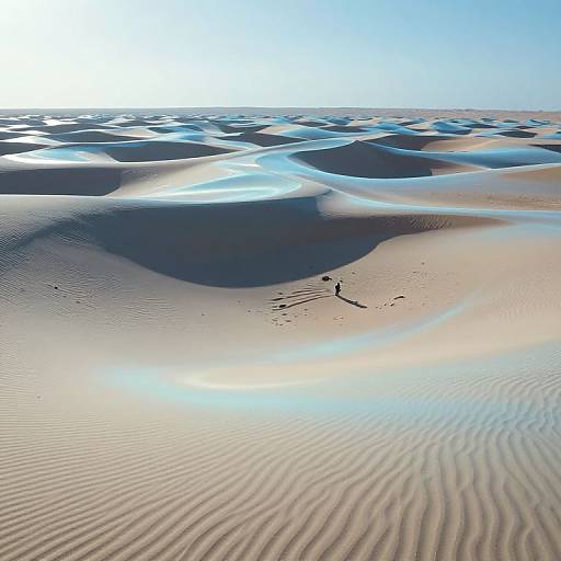 Photograph of a sunlit, undulating desert landscape with rippled sand dunes, shadows, and a clear blue sky in the background.