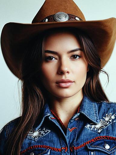 Young Woman in Cowgirl Hat and Denim Jacket
