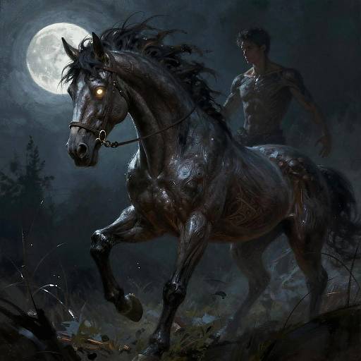 Digital painting of a muscular, shadowy man riding a dark, glowing-eyed horse under a full moon in a dark, misty forest.