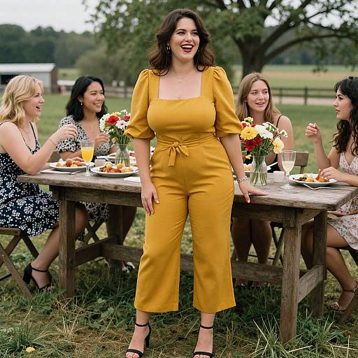 Photograph of a smiling, curvy woman in a yellow jumpsuit standing at an outdoor picnic table with four friends, surrounded by flowers and food.