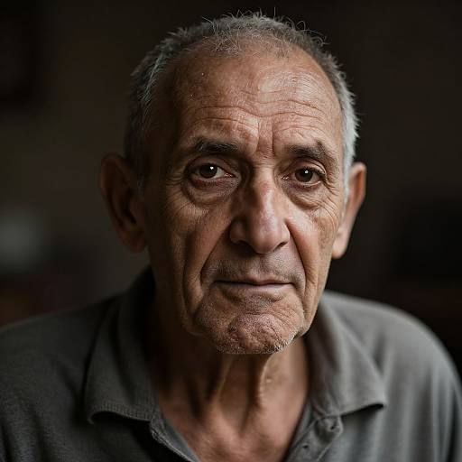 Photograph of an elderly man with wrinkled, weathered face, gray hair, and deep brown eyes, wearing a dark gray polo shirt, against