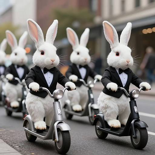 Photograph of five white-furred rabbits in black tuxedos riding scooters in a city parade, with blurred buildings in the background.