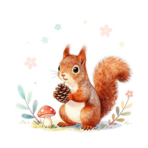 Kawaii Red Squirrel with Pinecone