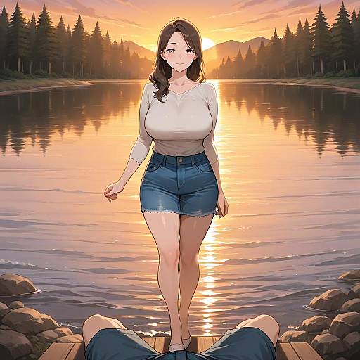 Sunset Serenity: Mature Woman by Lake