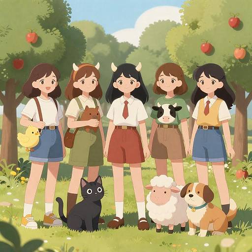 Sunlit Orchard: Six Anime-Style Girls