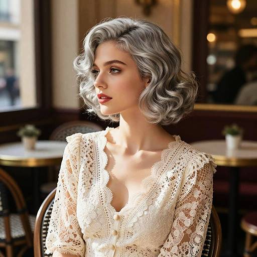 Elegant Silver Bob in Vintage Cafe