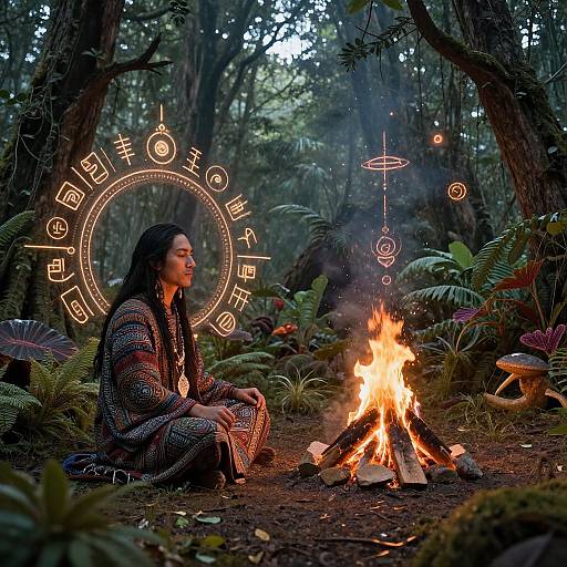 Photograph of a woman with long black hair, wearing a patterned dress, sitting by a campfire in a mystical forest, surrounded by glowing,