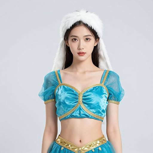 Elegant Female in Blue and Gold Outfit